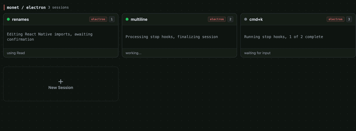 Grid view showing multiple agent sessions with status indicators