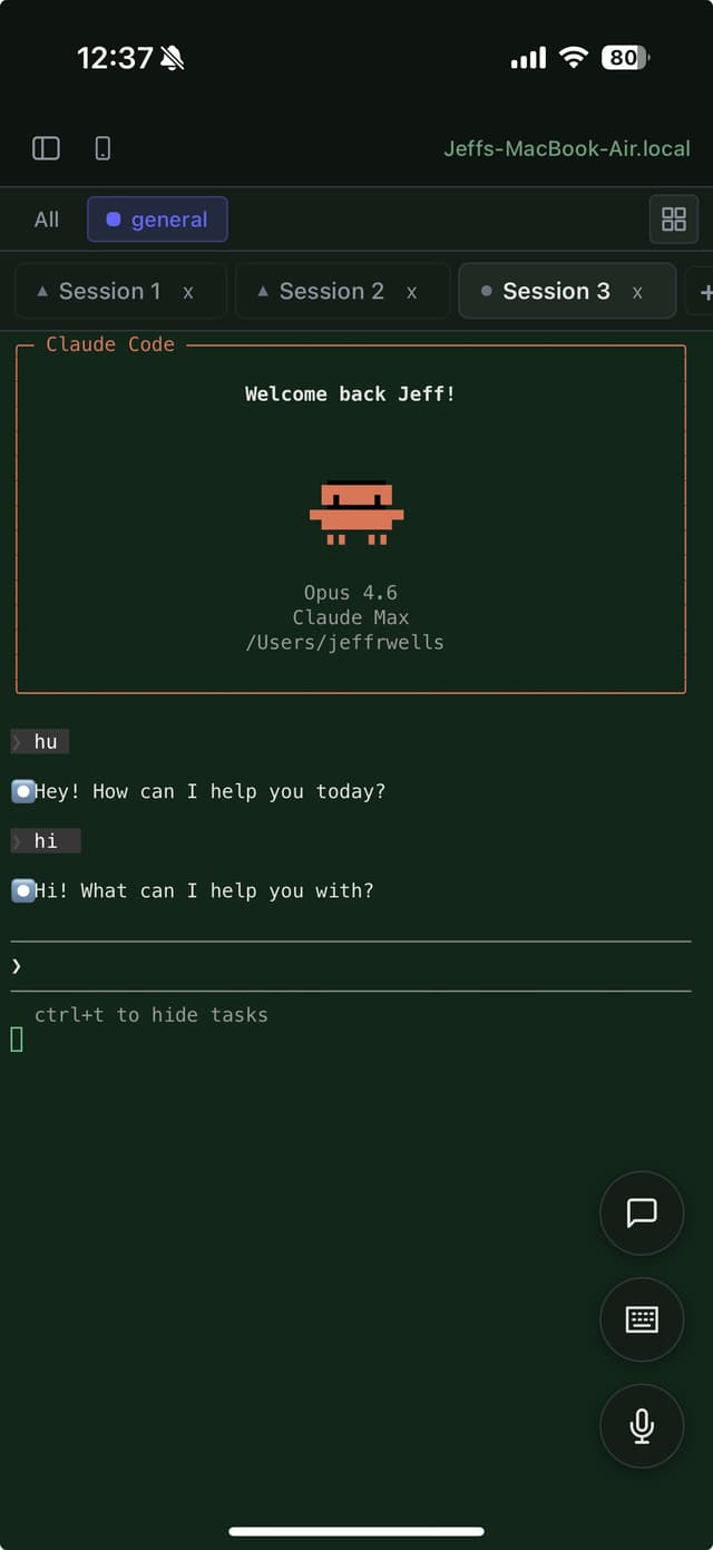 Monet iOS app showing multiple Claude Code sessions with status badges